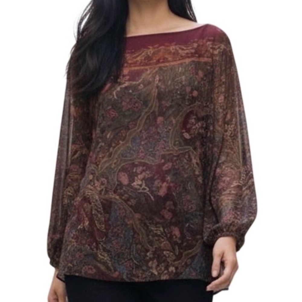 Lauren Ralph Lauren XL Sheer Paisley Print Blouse Maroon Boho Long Sleeve Top